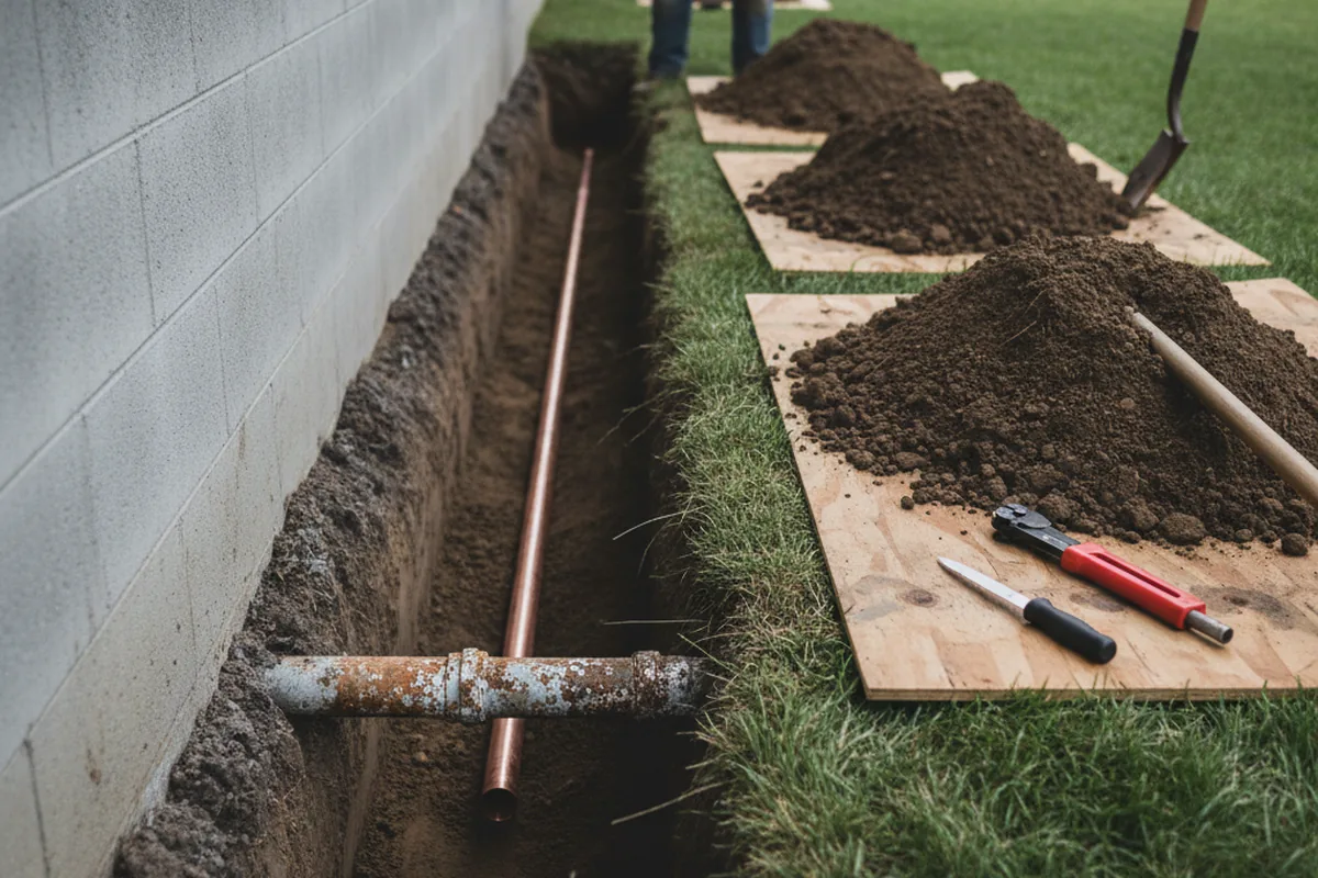 Excavated water line trench during Water Softener Installation in Hildebran